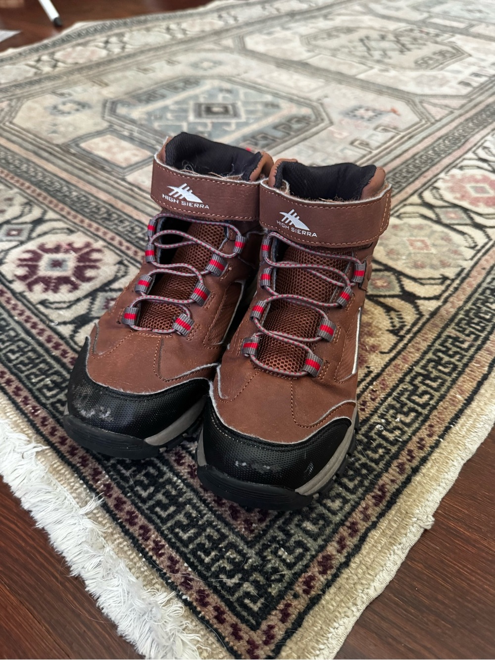 High Sierra Brown and Black Kids Hiking Boots with Red Accents